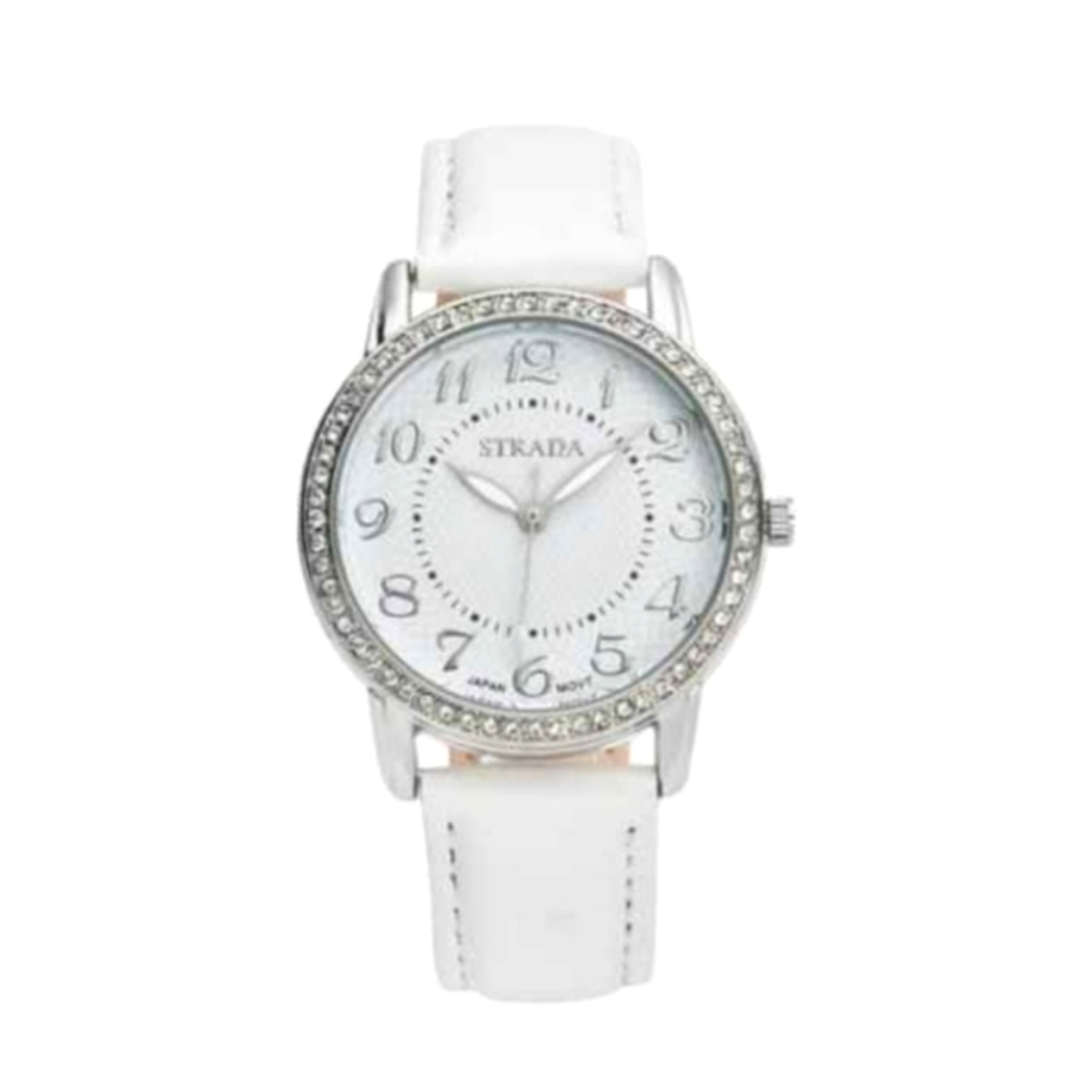Strada Austrian Crystal Japanese Movement White Faux Leather Watch
